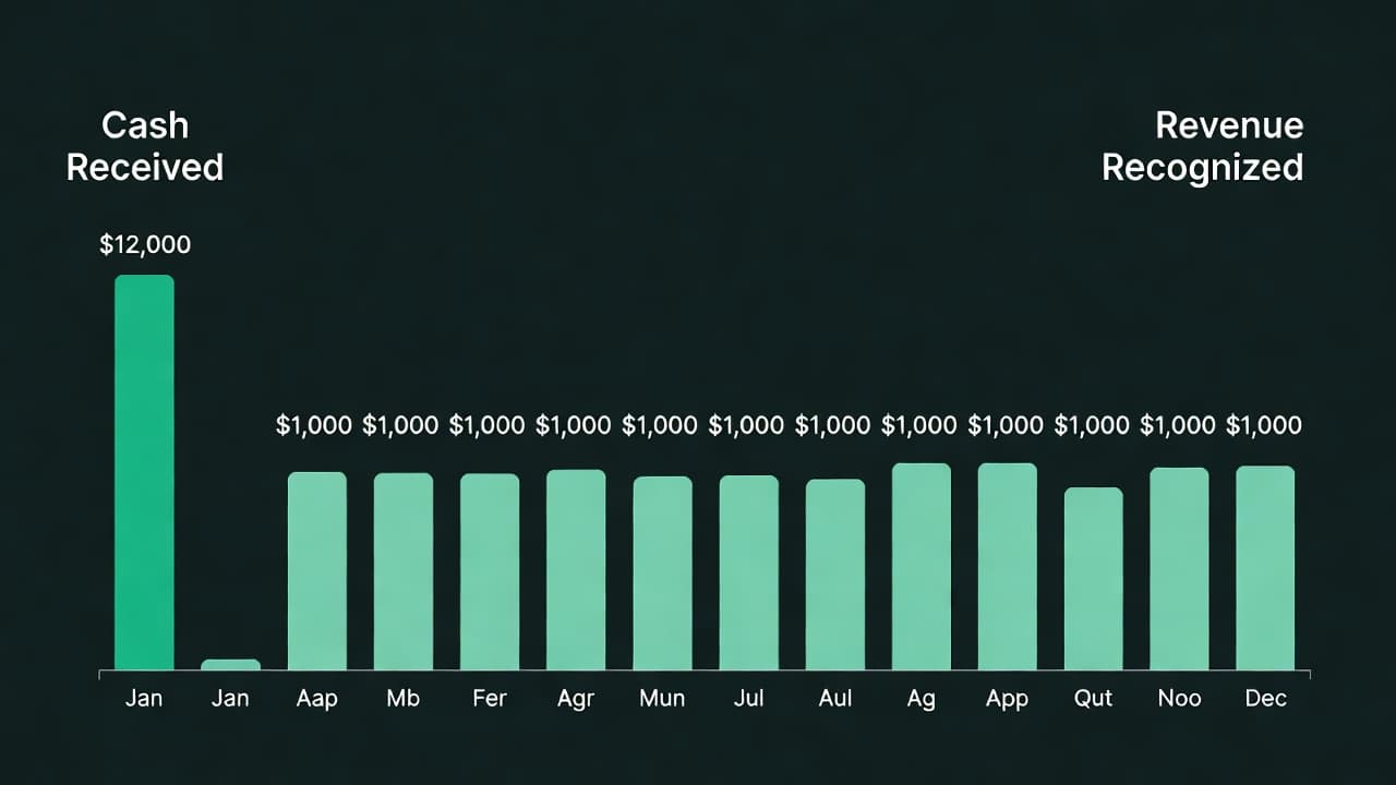 Bar chart showing $12,000 cash received in January versus $1,000 monthly revenue recognized over 12 months