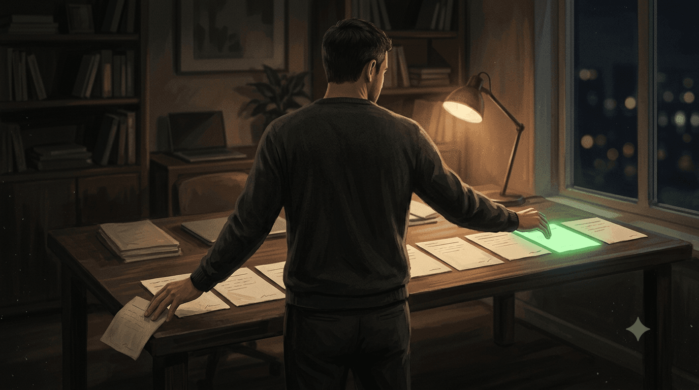 Founder at a desk moving a green card forward along a row of monthly planning cards