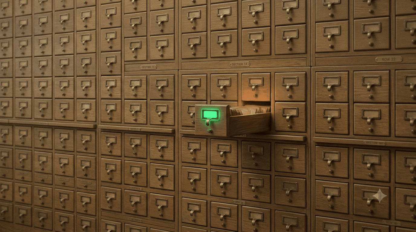 Architectural blueprint of numbered drawers in a wall of small labeled compartments, one drawer glowing green