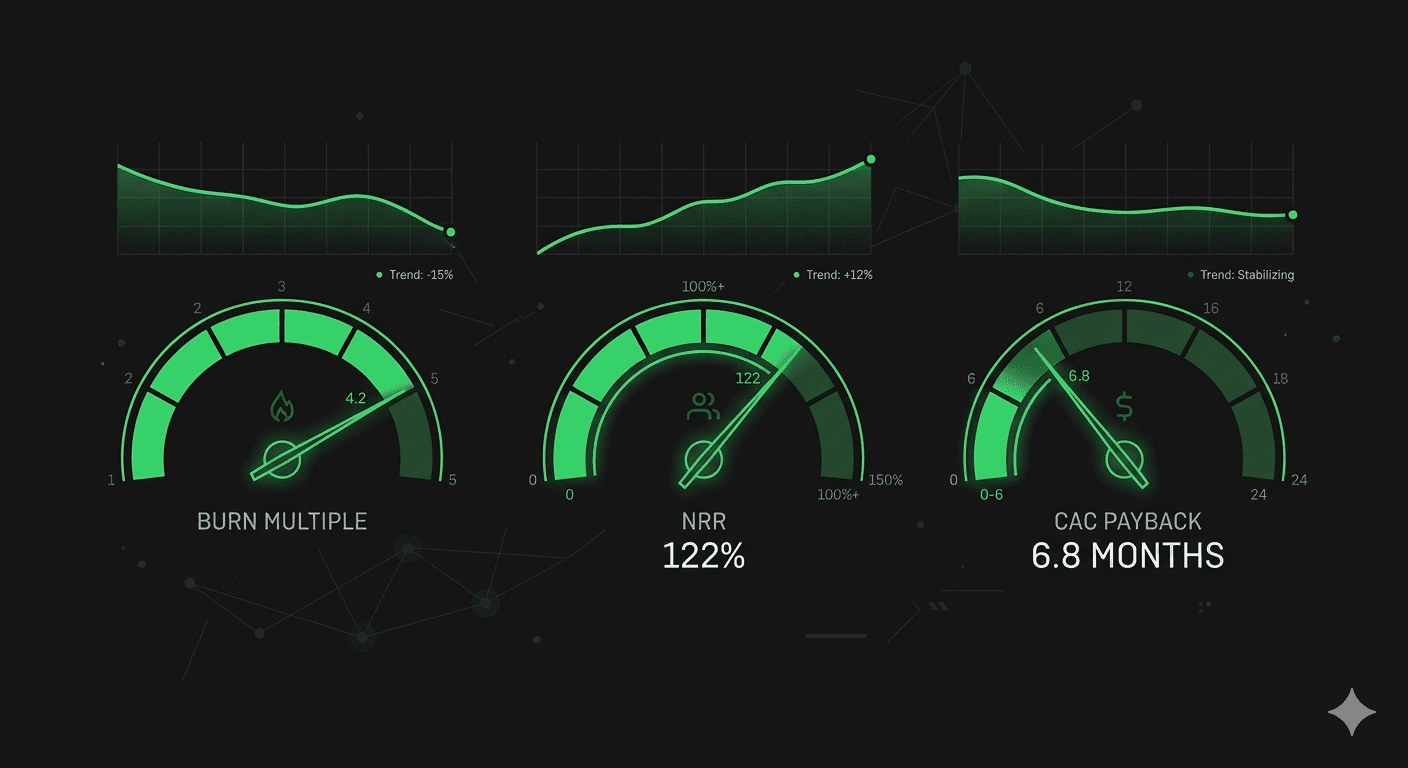 SaaS founder reviewing financial metrics dashboard while preparing for a fundraise