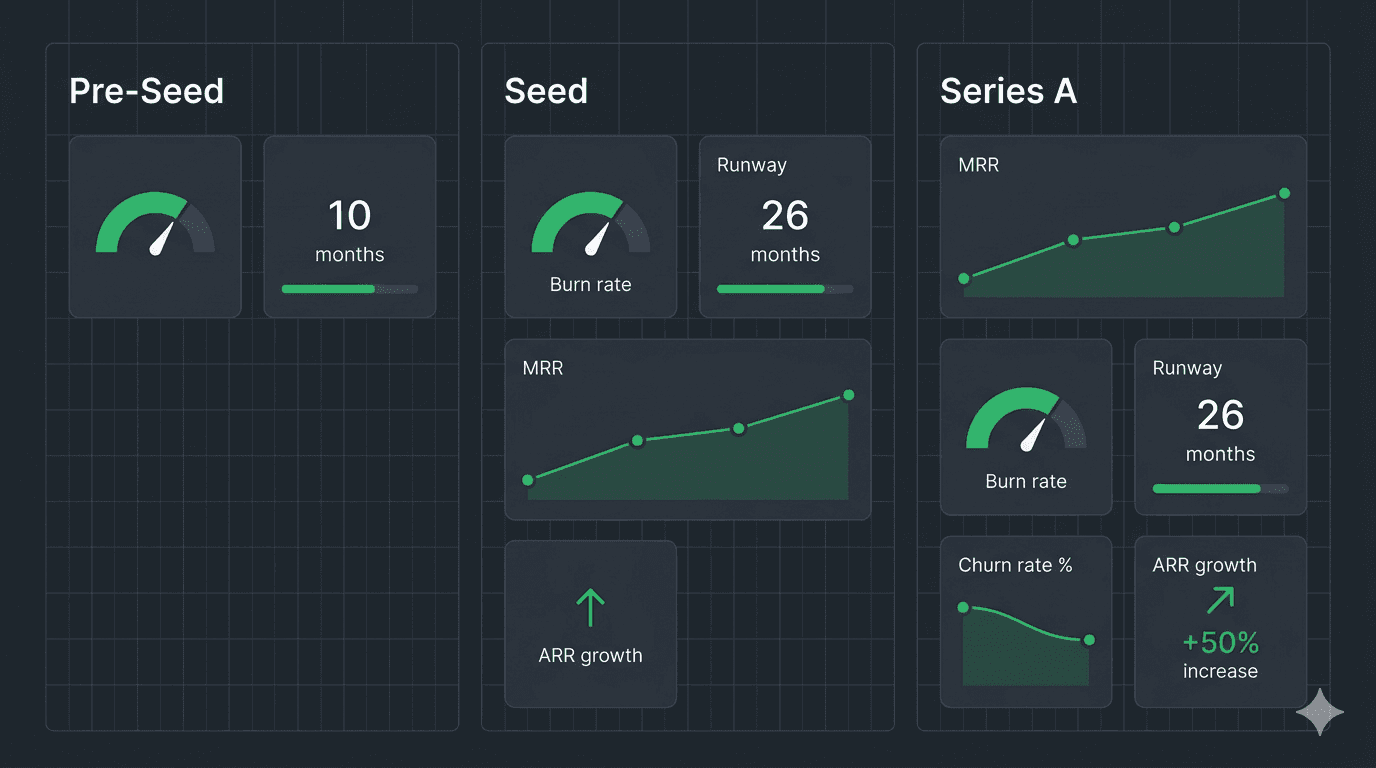 SaaS metrics dashboard showing pre-seed, seed, and Series A stage metrics with burn rate gauges and ARR growth charts