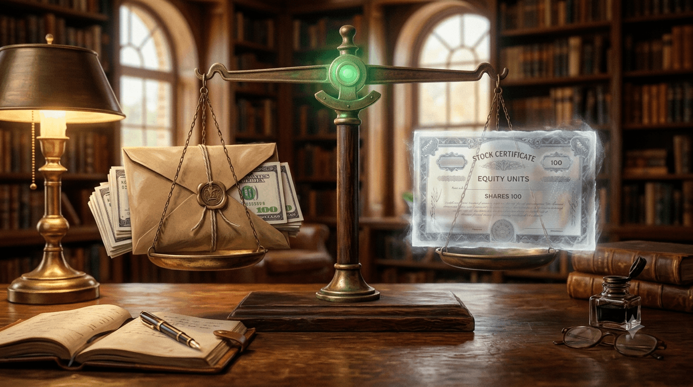 A sealed envelope of cash on one side of a balance scale, a stock certificate materializing on the other, hinge glowing green