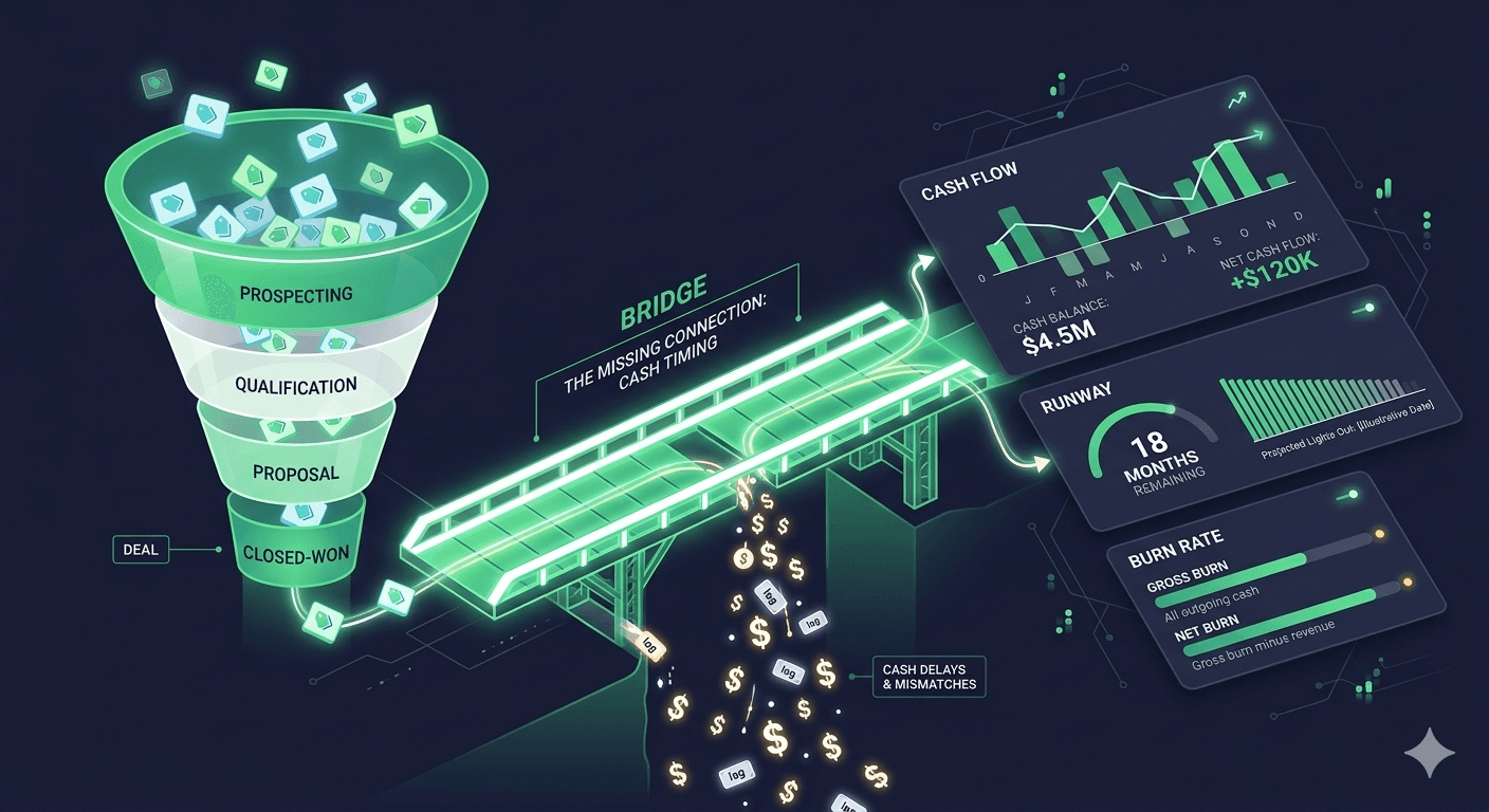 Organized sales tech stack diagram showing connected tools flowing from prospecting through close to financial reporting with green accent elements
