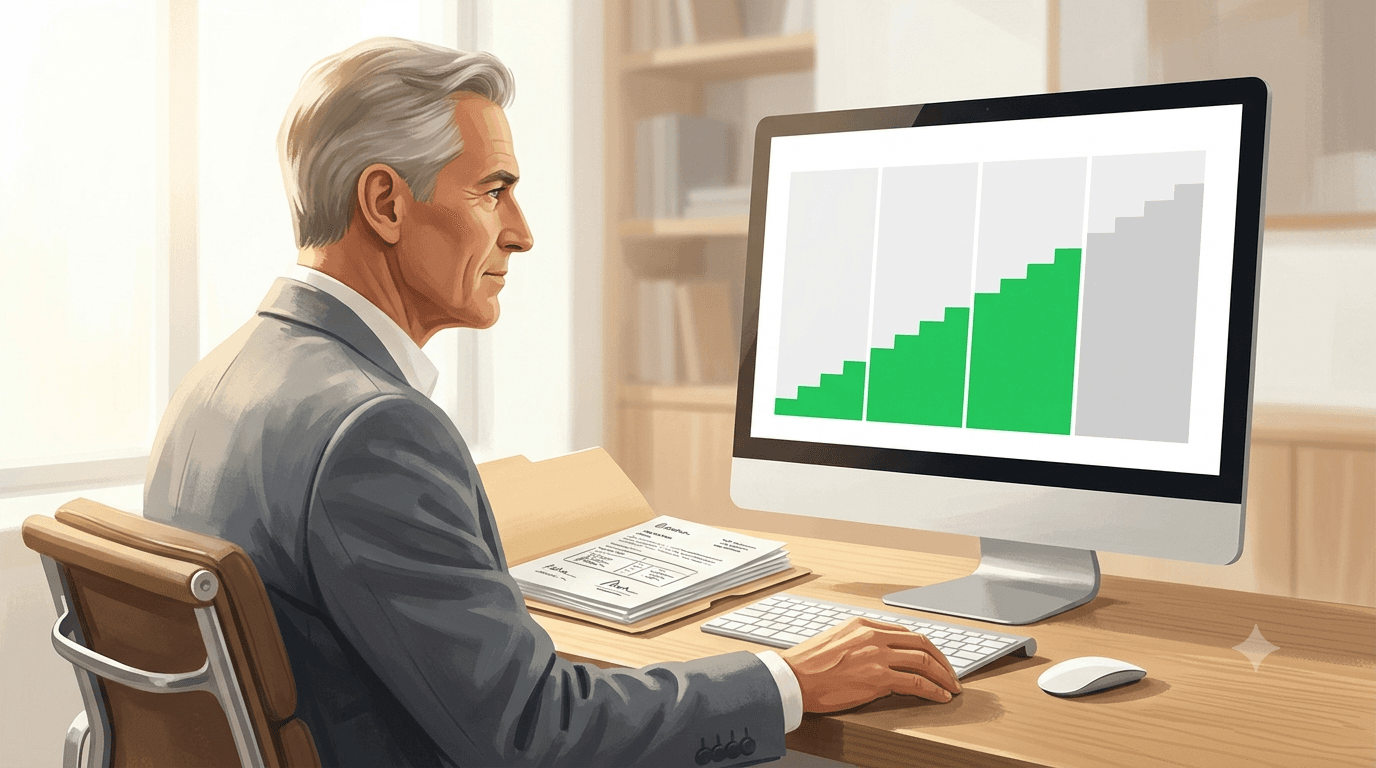 Founder seen from behind studying a wall of option grant paperwork in a dim office, one document highlighted in green