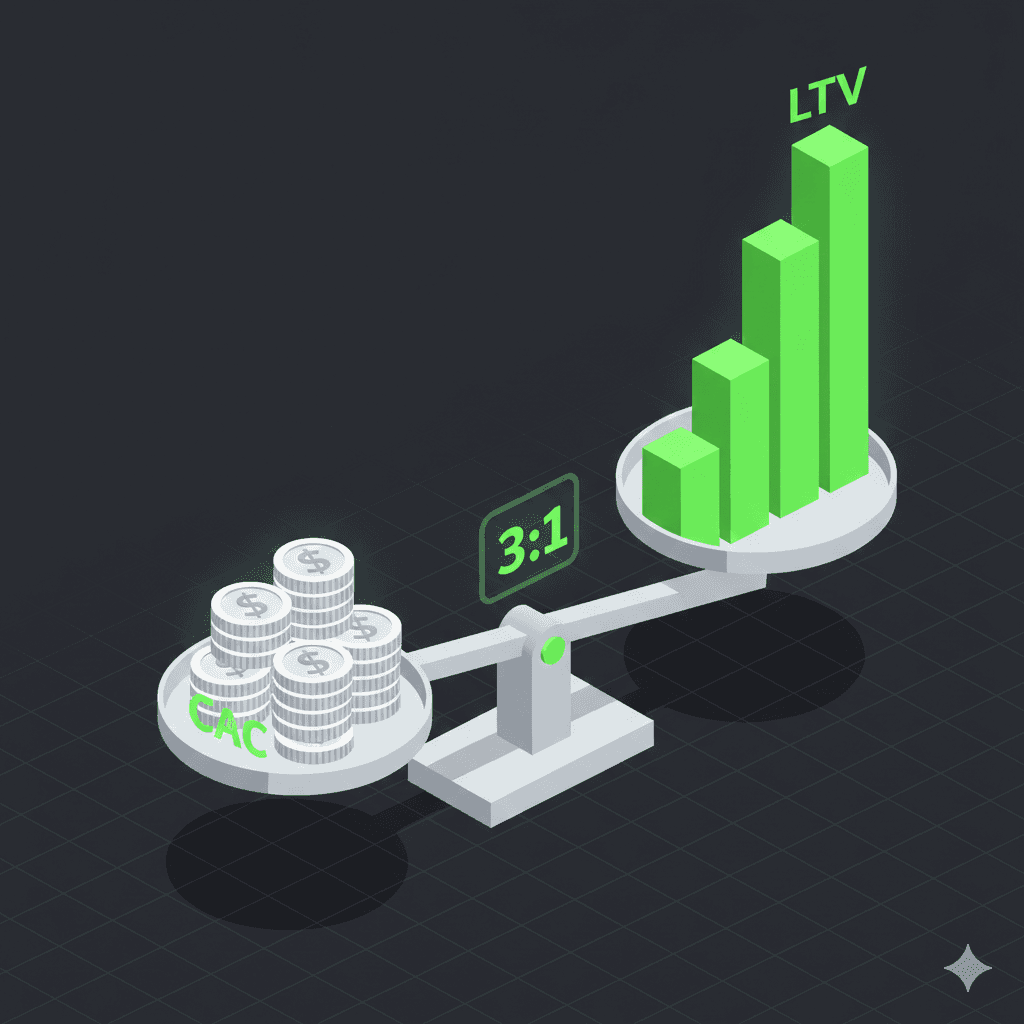 Isometric scale balancing Customer Acquisition Cost against Lifetime Value, illustrating the ideal 3:1 LTV to CAC ratio for healthy SaaS unit economics