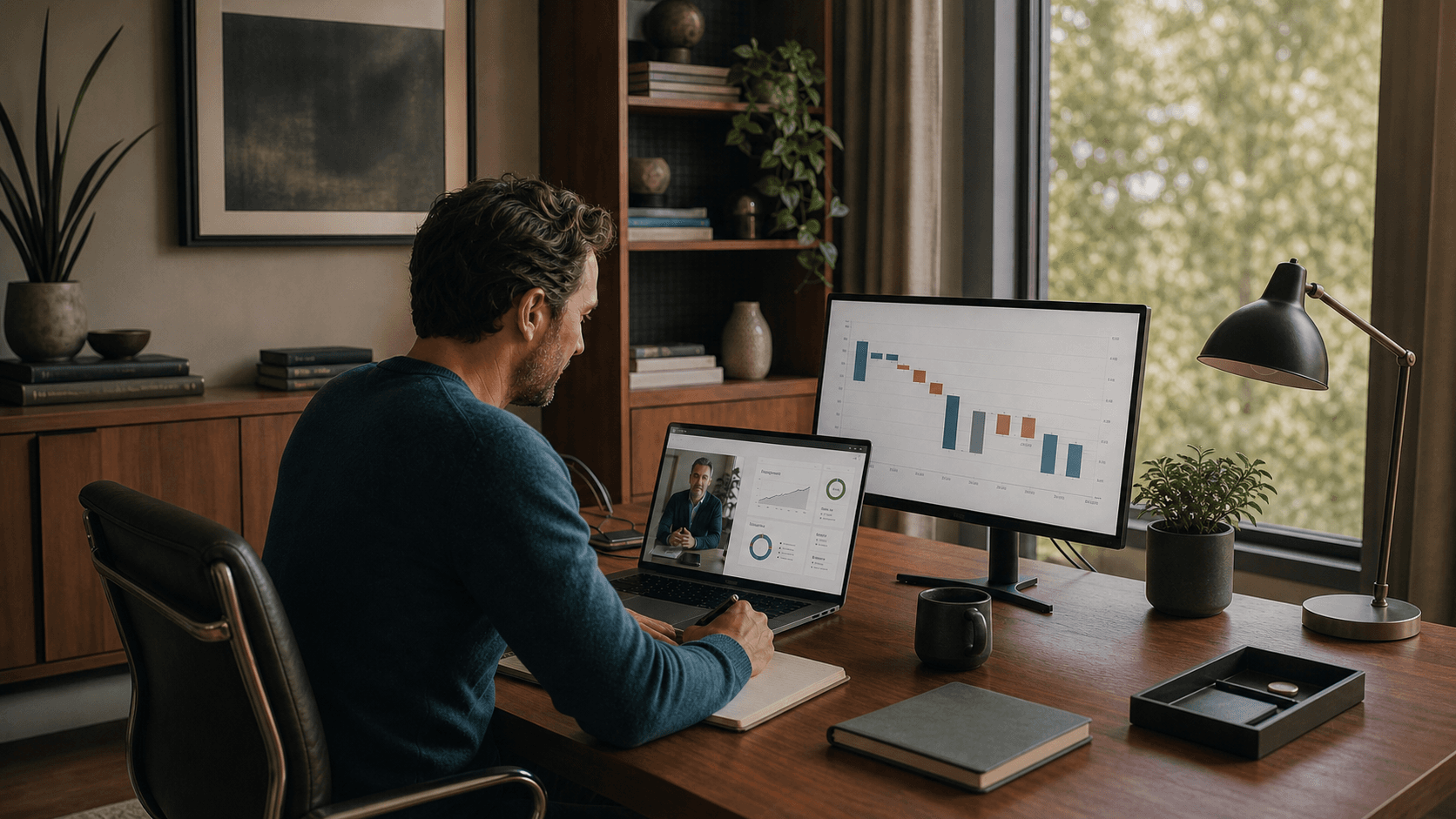 Founder on a video call with a virtual CFO, laptop showing financial dashboards on the desk between them