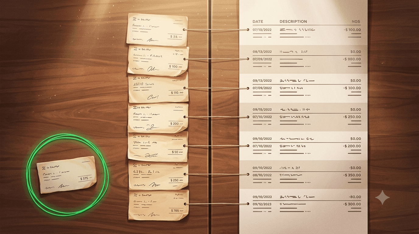 Two columns of transaction slips being matched pair by pair across a desk, one pair highlighted in green