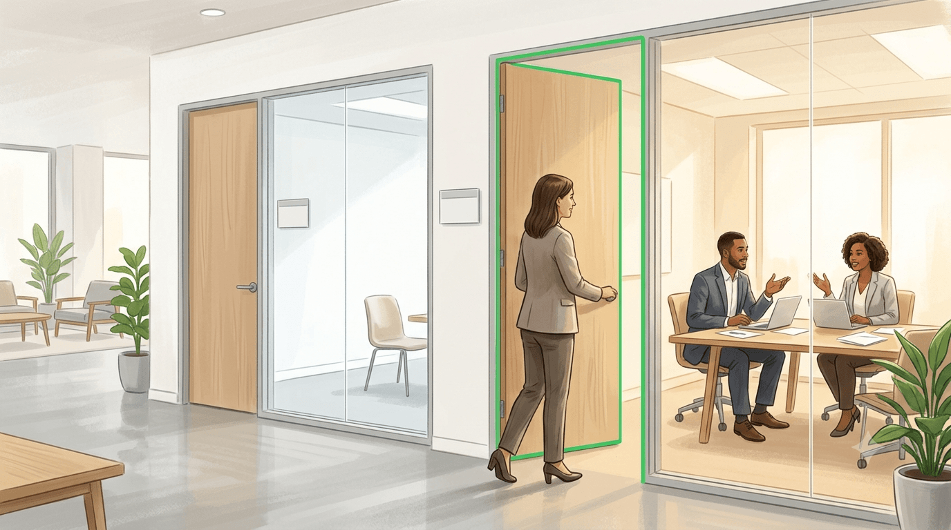 Silhouette of an advisor pausing between two office doorways at dusk, one unmarked and one lit green, weighing white-label delivery against a transparent partnership