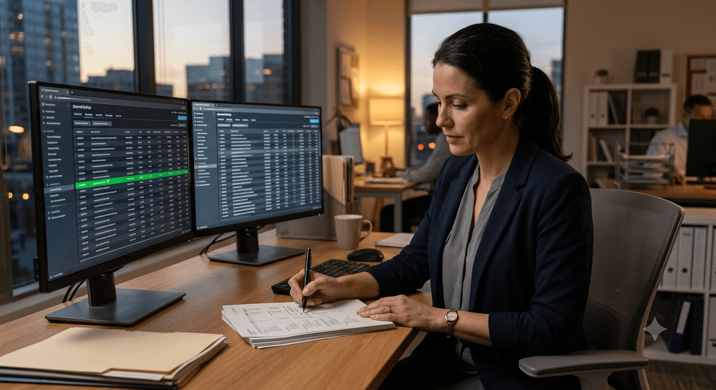 Accountant reviewing AI-prepared journal entries on a large monitor while annotating exceptions on a notepad
